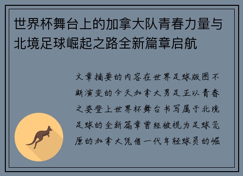 世界杯舞台上的加拿大队青春力量与北境足球崛起之路全新篇章启航